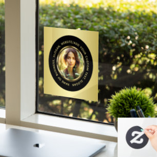 Black & gold design, Logo or Photo in gold circle, Window Cling