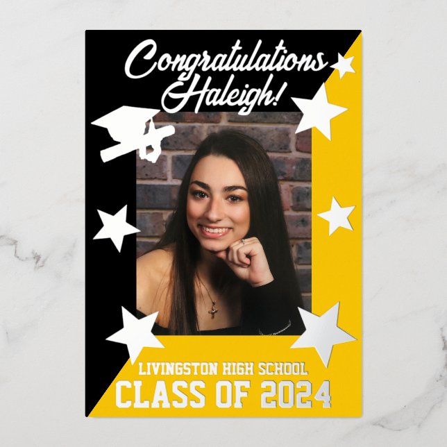 Black & Gold, Diagonal Graduation Silver Foil Invitation (Front)