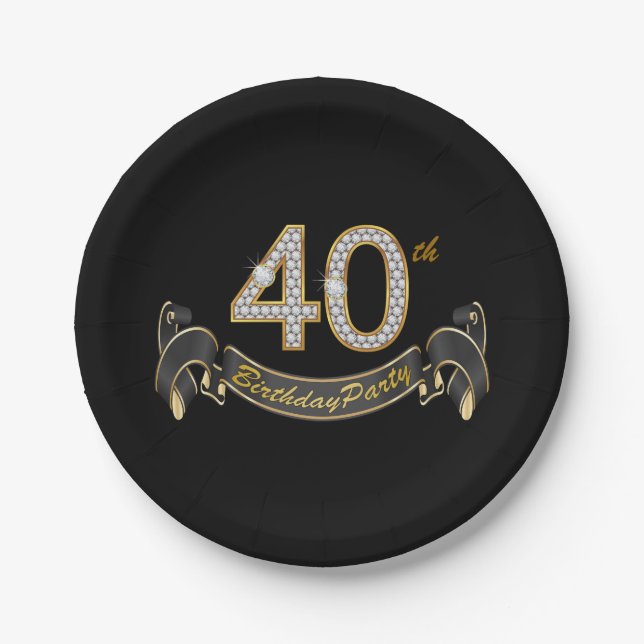 Black Gold Diamond 40th Birthday Party Paper Plates (Front)