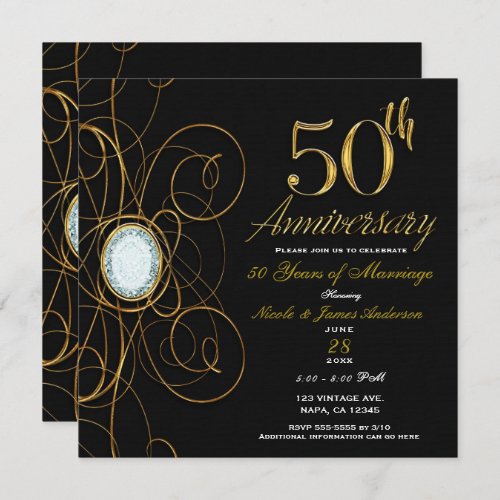 Black  Gold Diamond 50 50th Chic Anniversary Invitation