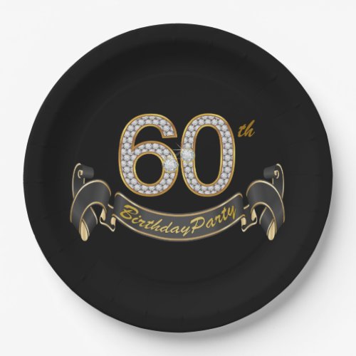 Black Gold Diamond 60th Birthday Party Paper Plates