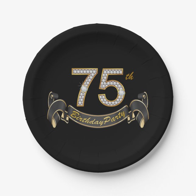 Black Gold Diamond 75th Birthday Party Paper Plates (Front)