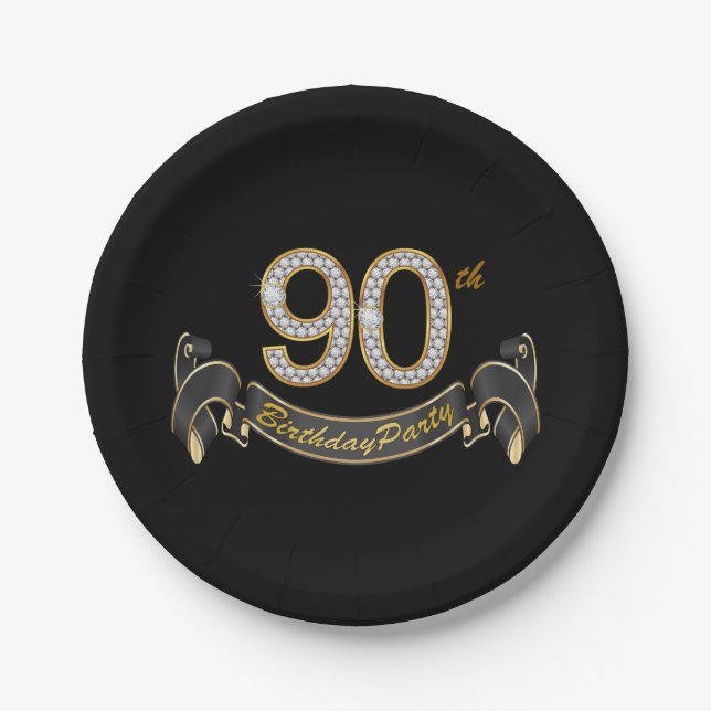 Black Gold Diamond 90th Birthday Party Paper Plates (Front)