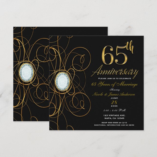 Black & Gold Diamond Chic 65 65th Anniversary Invitation (Front/Back)