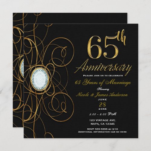 Black  Gold Diamond Chic 65 65th Anniversary Invitation