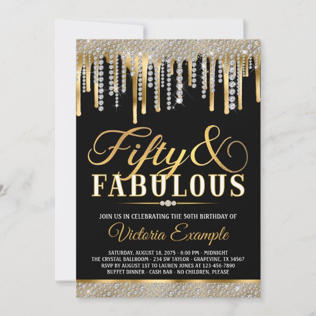 Black Gold Diamond Drip Fabulous 50 Birthday Party Invitation (Front)