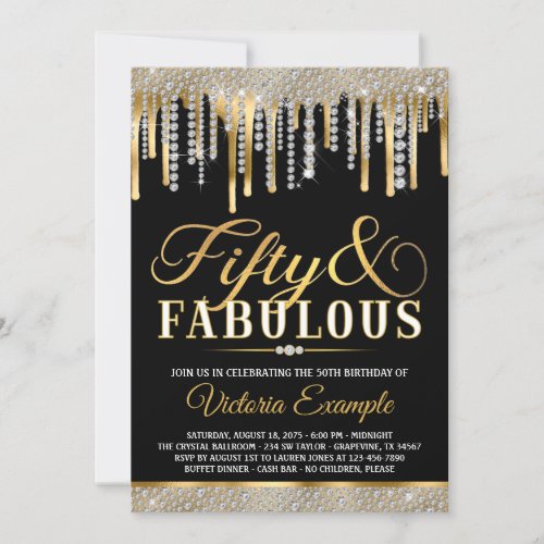 Black Gold Diamond Drip Fabulous 50 Birthday Party Invitation