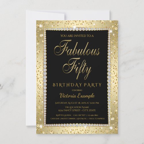 Black Gold Diamond Fabulous 50 Birthday Invitation