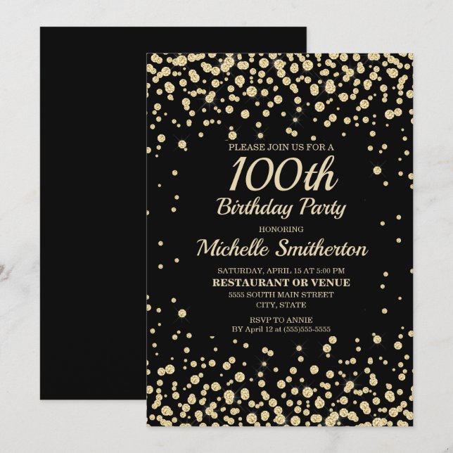 Black Gold Diamond Glitter Women's 100th Birthday Card (Front/Back)