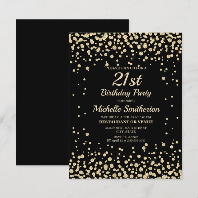 Black Gold Diamond Glitter Women's 21st Birthday Card (Front/Back)