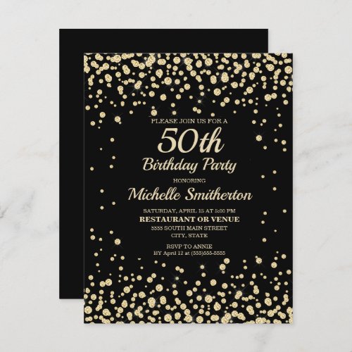 Black Gold Diamond Glitter Womens 50th Birthday Card
