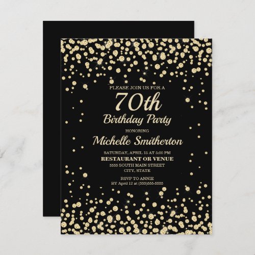 Black Gold Diamond Glitter Womens 70th Birthday Card