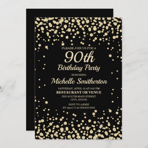 Black Gold Diamond Glitter Womens 90th Birthday Card