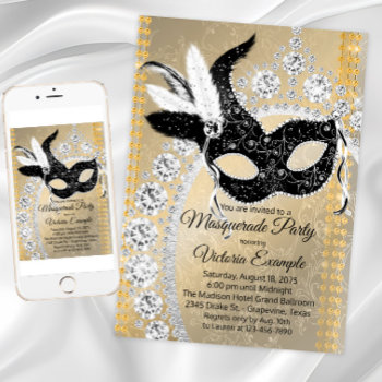 Black Gold Diamond Masquerade Birthday Party Invitation by Pure_Elegance at Zazzle