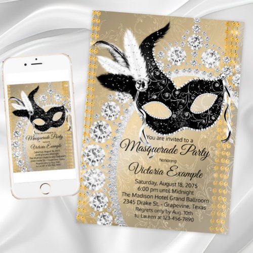 Black Gold Diamond Masquerade Birthday Party Invitation