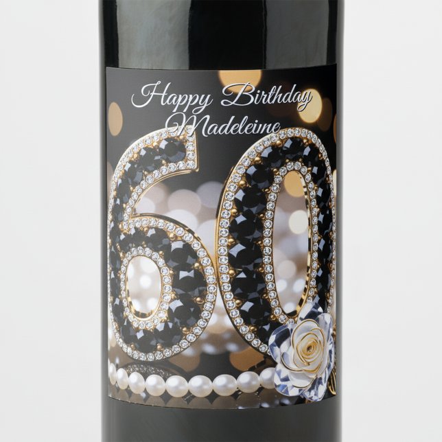 Black Gold Diamond Pearls White Rose 60th Birthday Wine Label (Creator Uploaded)
