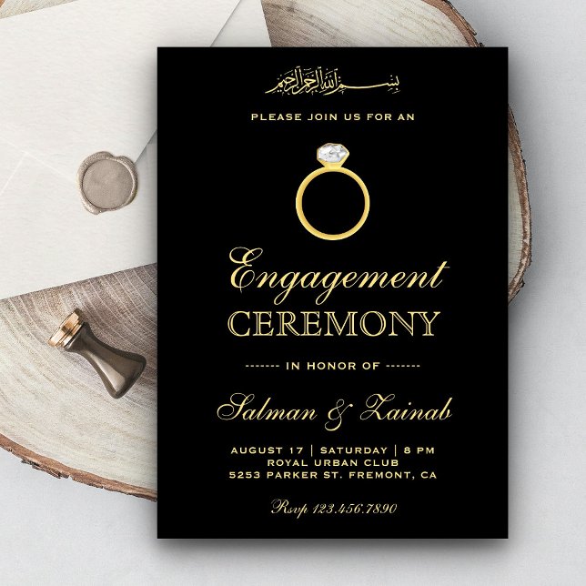 Black Gold Diamond Ring Islamic Muslim Engagement Invitation (Creator Uploaded)