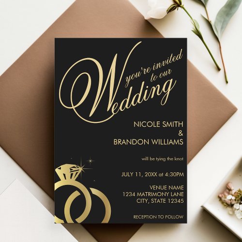 Black  Gold Diamond Ring Wedding Invitation