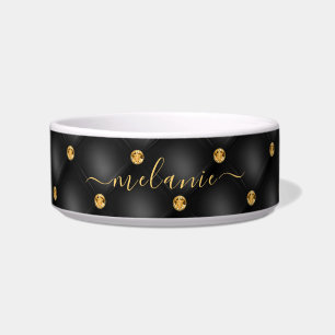 Black Gold Diamond Tufted Custom Name Bowl