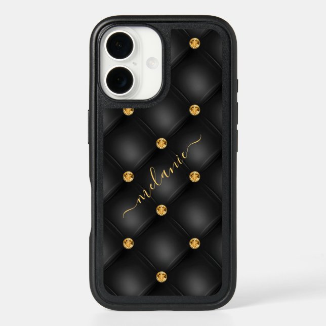 Black Gold Diamond Tufted Custom Name iPhone Case (Back)