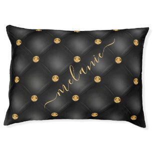 Black Gold Diamond Tufted Pet Bed Custom Name