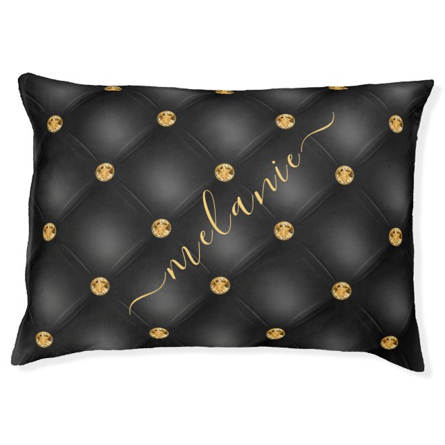 Black Gold Diamond Tufted Pet Bed Custom Name (Front)