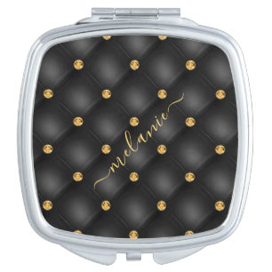 Black Gold Diamond Tufted Your Name Compact Mirror