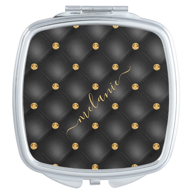 Black Gold Diamond Tufted Your Name Compact Mirror (Front)