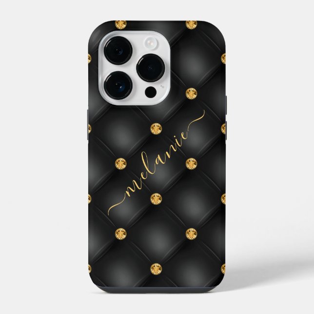 Black Gold Diamond Tufted Your Name iPhone Case (Back)