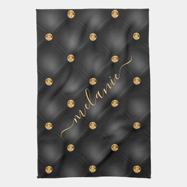 Black Gold Diamond Tufted Your Name Kitchen Towel (Vertical)