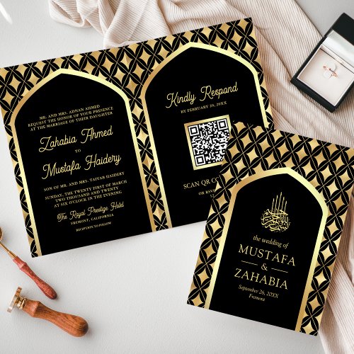 Black Gold Diamonds Arch QR Code Muslim Wedding Invitation