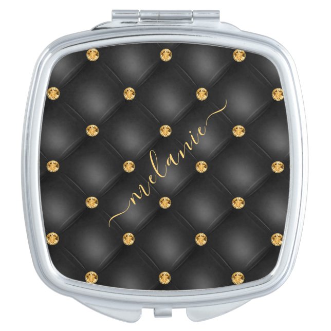 Black Gold Diamonds Compact Mirror and Custom Name (Front)