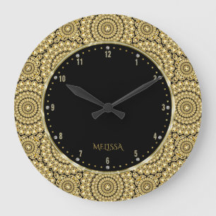 Black & Gold Diamonds Glitter Geometric Pattern Large Clock