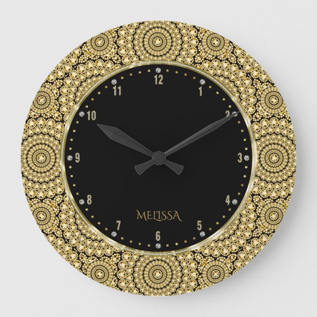 Black & Gold Diamonds Glitter Geometric Pattern Large Clock (Front)
