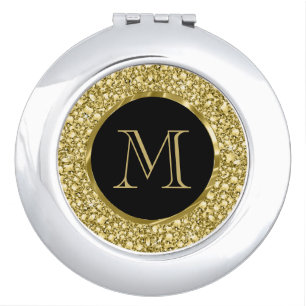 Black & Gold Diamonds Glitter-Monogram Compact Mirror