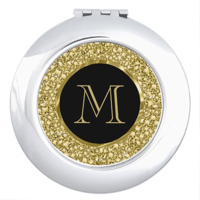 Black & Gold Diamonds Glitter-Monogram Compact Mirror (Front)