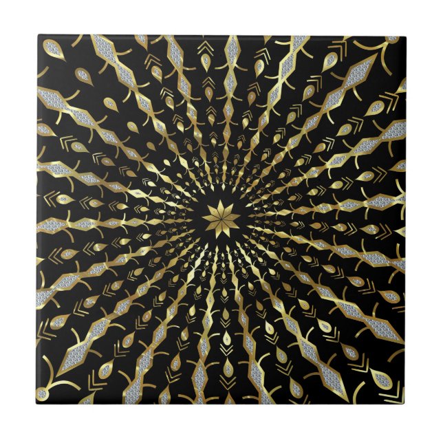 Black Gold & Diamonds Glitter Star Burst Ceramic Tile (Front)