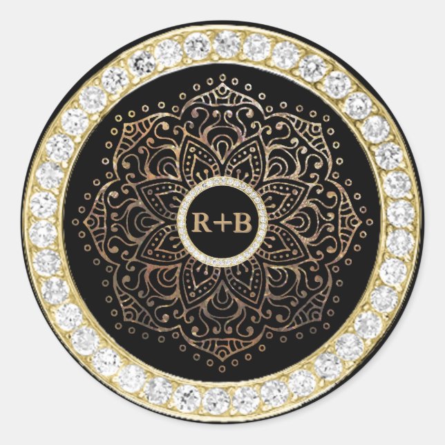 Black Gold Diamonds Mandala Boho Wedding Favor Classic Round Sticker (Front)