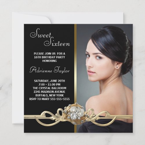 Black Gold Diamonds Photo Sweet Sixteen Birthday Personalized Announcements