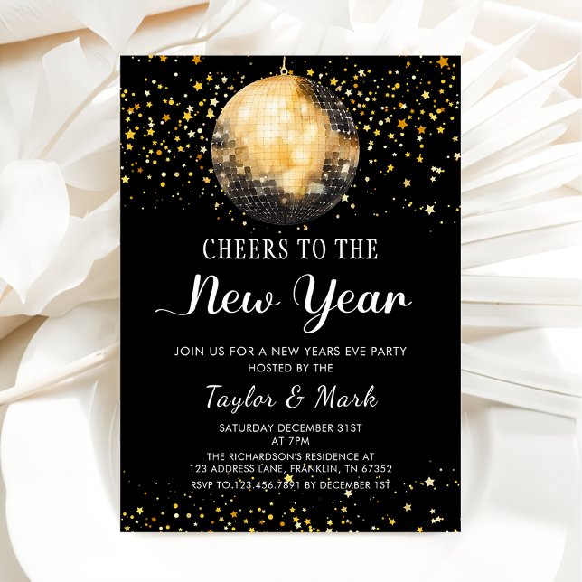 Black Gold Disco Ball Cheers New Years Eve Party Invitation (Creator Uploaded)