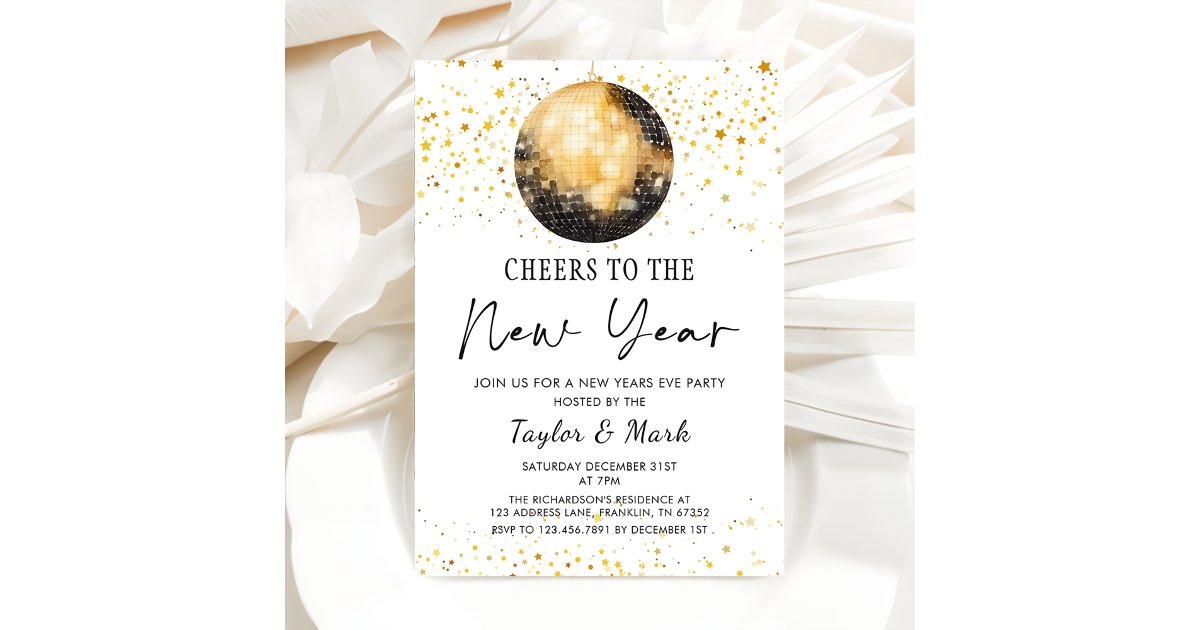Black Gold Disco Ball Cheers New Years Eve Party Invitation | Zazzle
