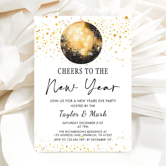 Black Gold Disco Ball Cheers New Years Eve Party Invitation | Zazzle