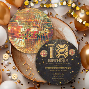 Black Gold Disco Ball Golden Birthday 18th Party Invitation