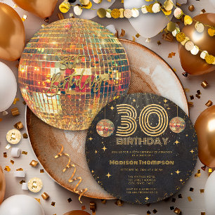 Black Gold Disco Ball Golden Birthday 30th Party Invitation