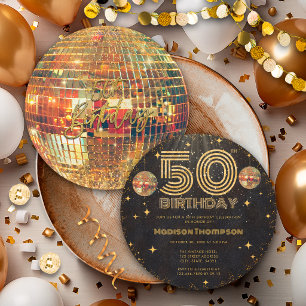 Black Gold Disco Ball Golden Birthday 50th Party Invitation