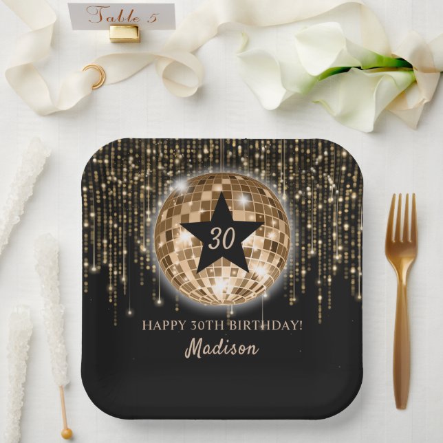 Black Gold Disco Ball Happy 30th Birthday Paper Plates (Wedding)