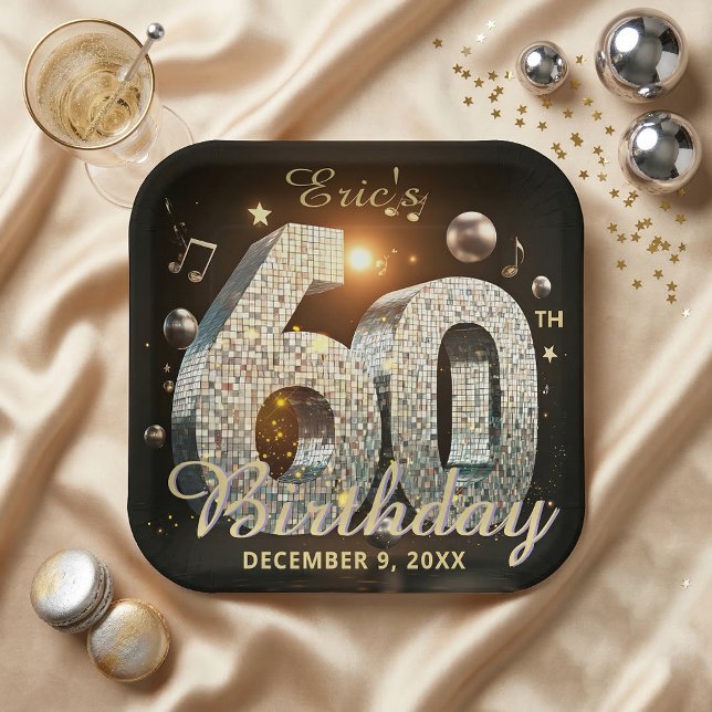 Black Gold Disco Ball Music Notes 60th Birthday Paper Plates (Creator Uploaded)