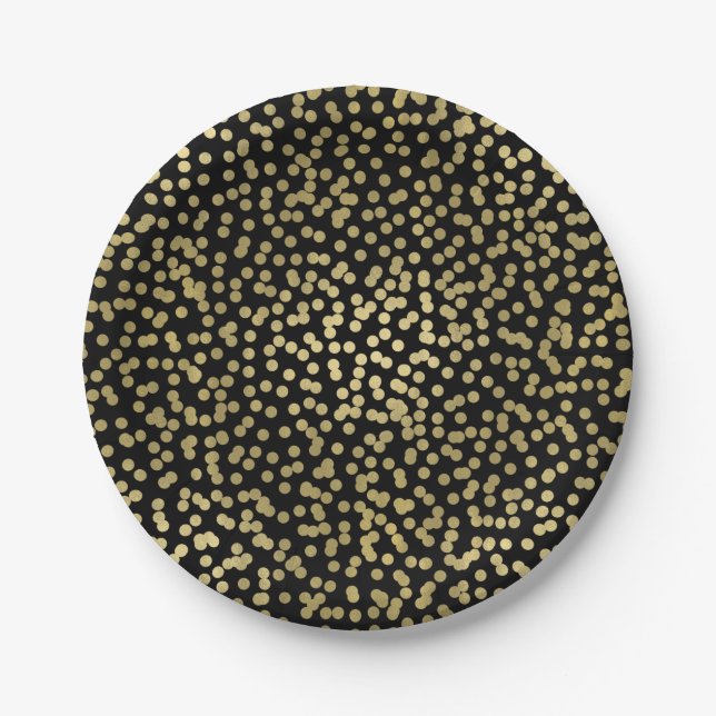 Black & Gold Dots Confetti Elegant Glam Paper Plates (Front)