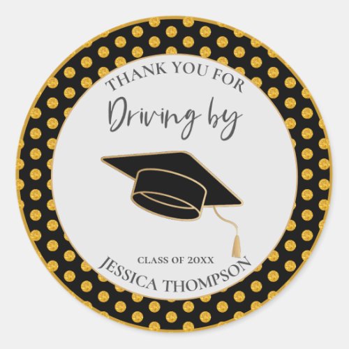 Black Gold Dots Drive By Class Of 2023 Graduation Classic Round Sticker