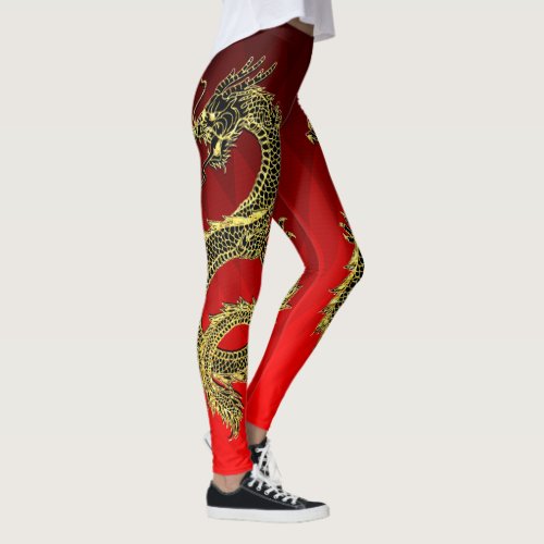 Black Gold Dragons Red Gradient Leggings